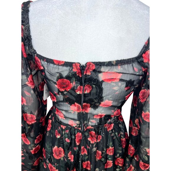 Altard State Floral Puff Long-Sleeve Mini Dress XS Black & Red - Picture 11 of 14